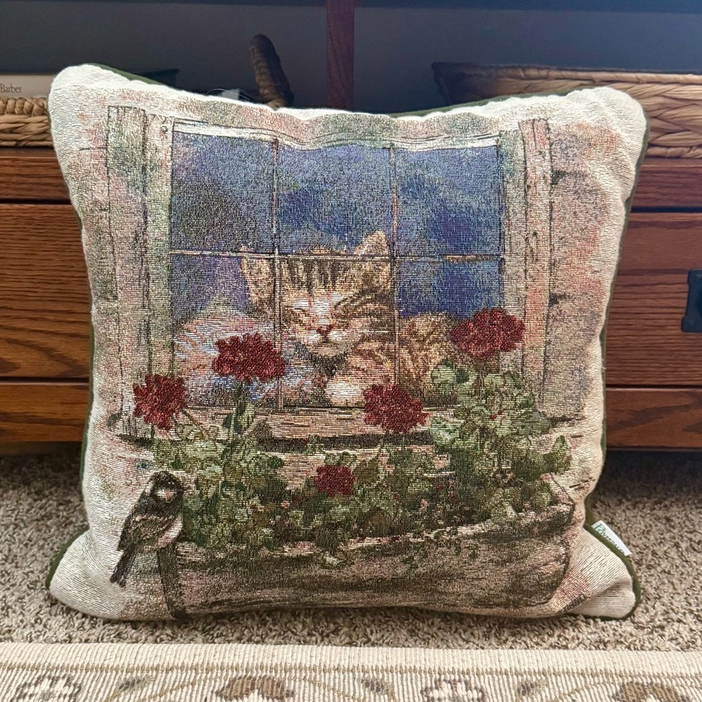Vintage Tapestry Cat Pillow Embroidered Kitten In A Window Flowers Square Throw